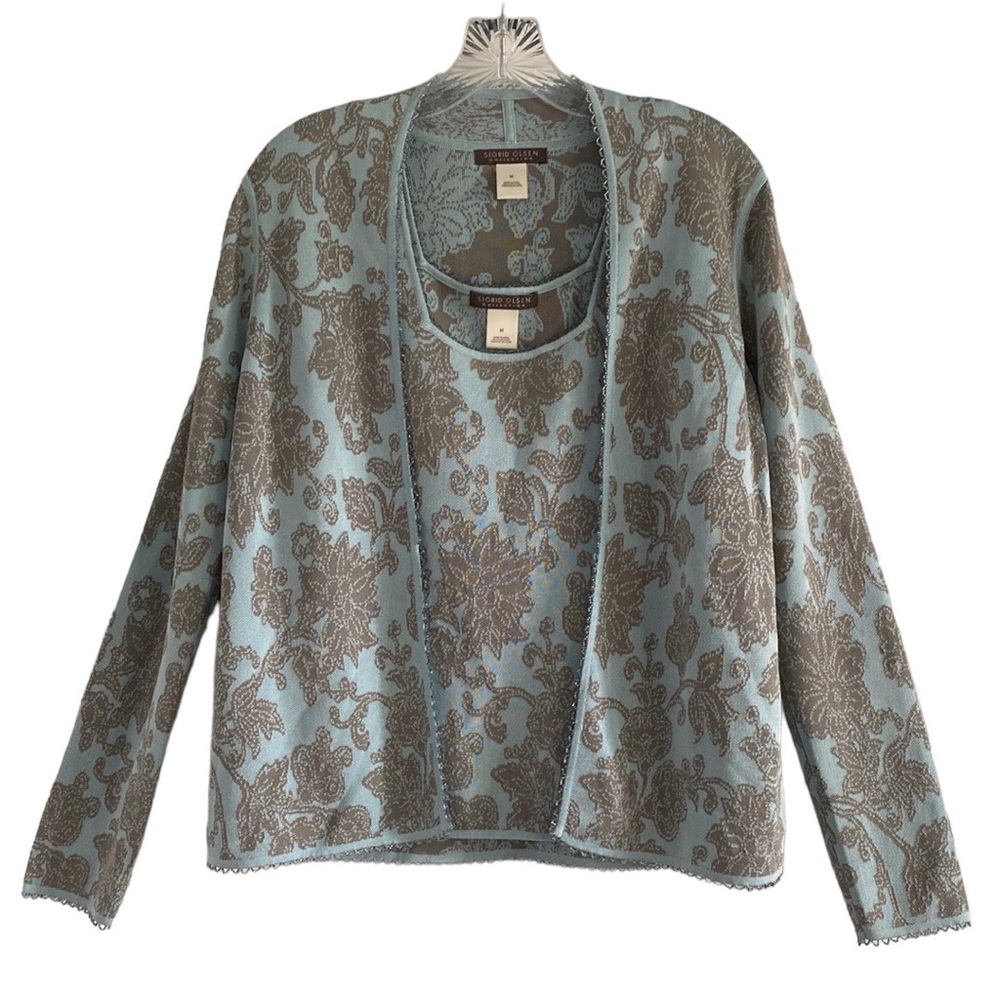 Sigrid Olsen Collection Aqua and Taupe Silk Blend Sweater Set - Size Medium